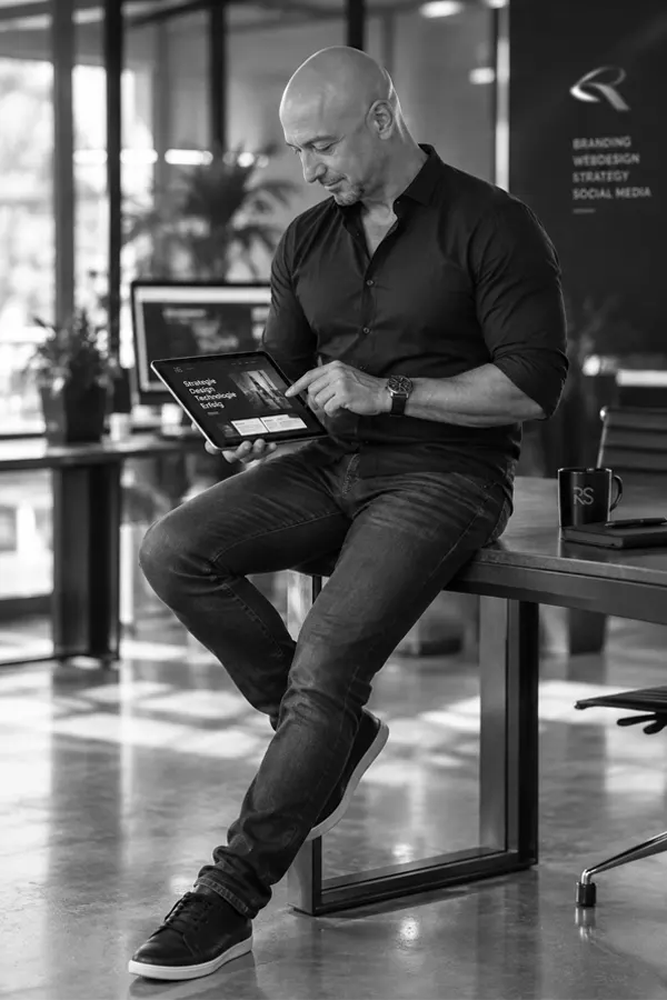 Sandro Renk, Agenturinhaber für Webdesign und Branding, zeigt auf den Mehrwert seiner Dienstleistung