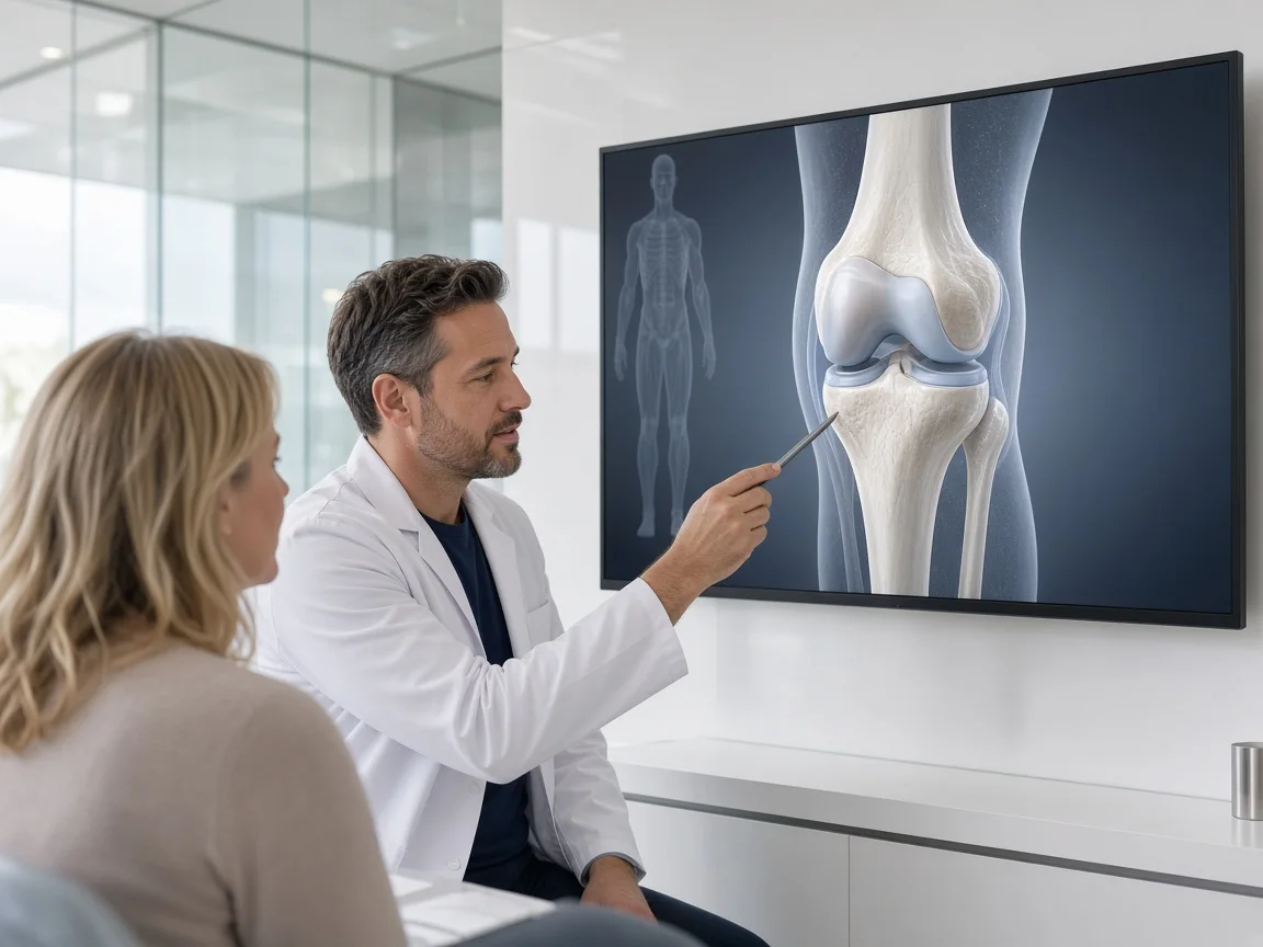 Arzt erklärt einem Patienten die Behandlung an einem modernen Bildschirm in einer hellen Praxis
