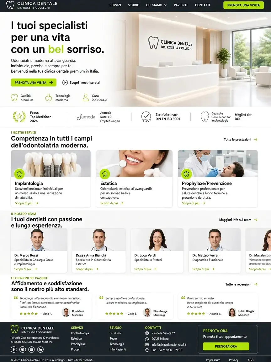 Demo di un sito web moderno per una clinica odontoiatrica specializzata, testi in italiano